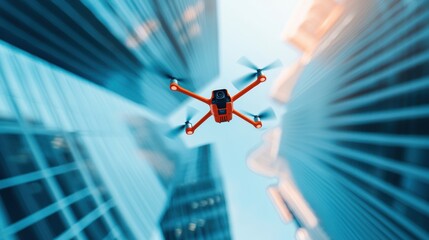 Poster - a drone equipped with a camera flying over a city, capturing aerial footage for communication, surve