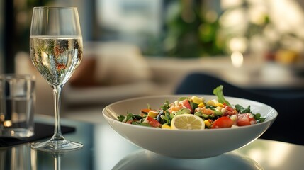 Poster - Fresh salad with lemon and sparkling wine on a glass table in a restaurant.