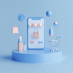 Aufkleber - Mobile phone displaying online shopping app with pastel-colored shopping cart, cosmetic products, and bags.