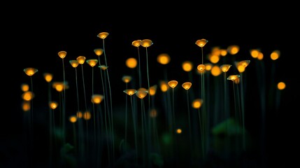 Poster - Glowing bioluminescent mushrooms in dark forest at night.