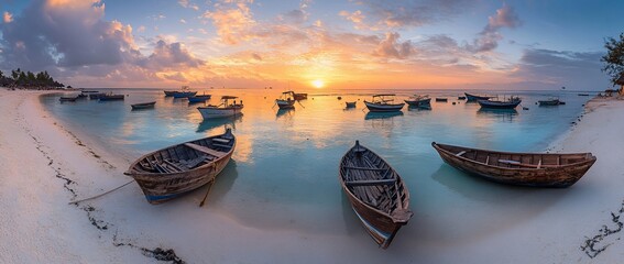 Poster - Sunrise over tropical beach with wooden fishing boats at calm sea.