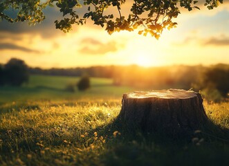 Poster - Tree stump in a field at sunset.
