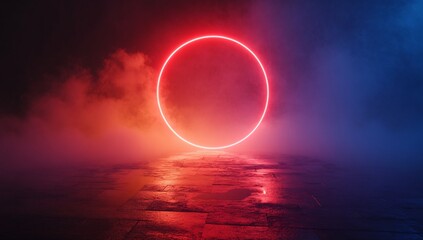 Aufkleber - Glowing red neon circle in smoky dark environment.