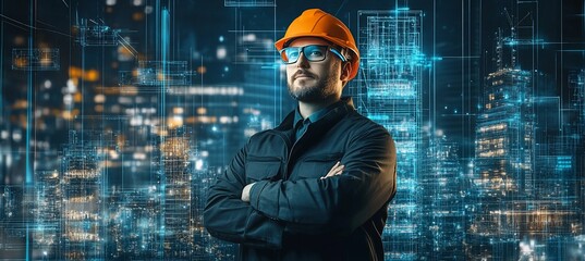 Poster - Confident engineer with arms crossed, futuristic city background.
