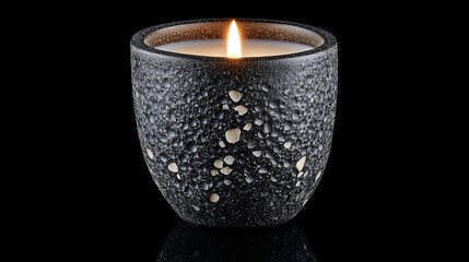 Poster - Lit candle in a textured black container on a reflective surface against a black background.