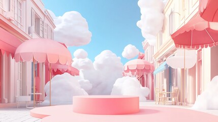Poster - Pastel pink street scene with fluffy clouds, parasols, and a display podium.
