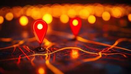 Aufkleber - Glowing map markers on illuminated city street network.