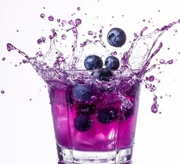 Aufkleber - Fresh blueberries splashing into a purple drink in a glass with ice.