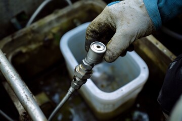 Aufkleber - Close-up of a gloved hand holding a metallic industrial component near a container.