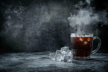 Poster - Steaming iced coffee in a glass mug with ice cubes on a dark background. (1)