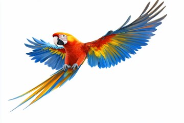 Aufkleber - A scarlet macaw in flight, wings spread wide, showcasing vibrant red, yellow, and blue plumage against a white background.