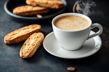 Poster - Steaming coffee in a white cup with biscotti on dark surface.