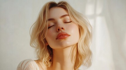 Portrait of sensual beautiful blonde model posing with closed eyes, Natural beauty concept 