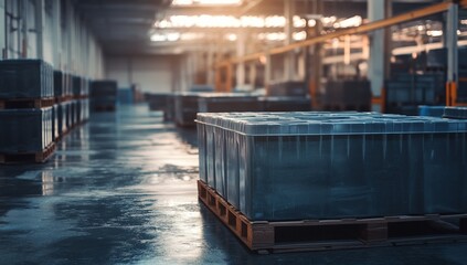 Poster - Industrial warehouse interior with stacked plastic crates on wooden pallets.