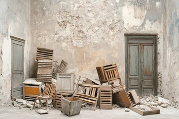 Poster - Abandoned room with dilapidated walls, old furniture, and debris.