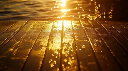 Poster - Golden sunset reflecting on wet wooden planks near water.