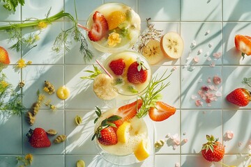 Poster - Three glasses of refreshing summer fruit cocktails garnished with strawberries, lemon, and herbs on a tiled surface.