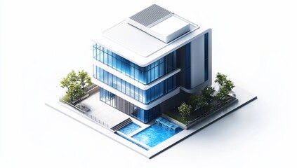 Poster - Isometric view of a modern building with a pool and landscaping.