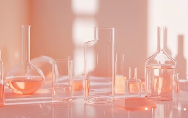 Leinwandbilder - Assorted clear glass beakers and flasks with a light orange liquid, illuminated by sunlight.