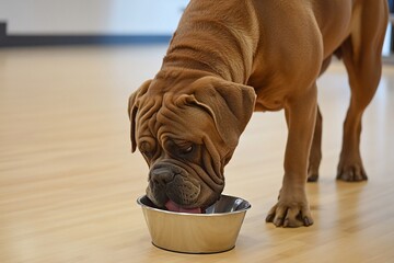 Aufkleber - A large brown dog eats from a stainless steel bowl on a light wood floor.
