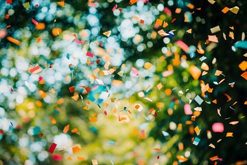 Poster - Colorful confetti falling against a blurred green background. (2)