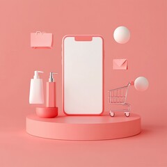 Poster - Smartphone mockup with shopping cart, cosmetic bottles, and bags on pink platform.