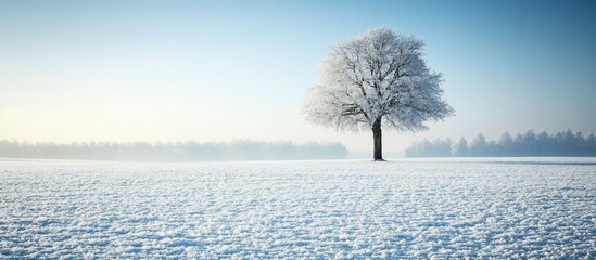 Aufkleber - Solitary snow-covered tree in a vast, tranquil winter landscape under a clear sky.