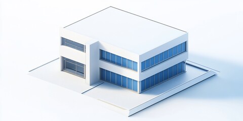 Poster - Isometric view of a modern, two-story white building with blue windows.