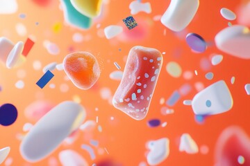 Poster - Abstract colorful shapes floating in orange background. (1)