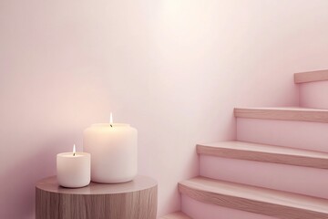 Poster - Two lit candles on a wooden table near a pink wall and wooden staircase.