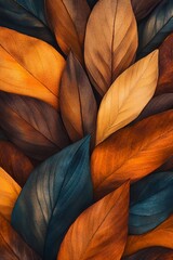 Aufkleber - Close-up of autumn leaves in various shades of brown, orange, and teal, arranged in an overlapping pattern.