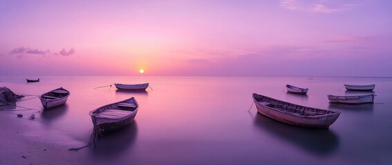 Poster - Serene sunset over calm ocean with several small fishing boats anchored.