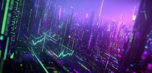 Fototapete - futuristic city skyline with vibrant neon lights and data streams.