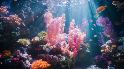 Aufkleber - Vibrant coral reef scene with diverse fish and sunlight beams penetrating the water.
