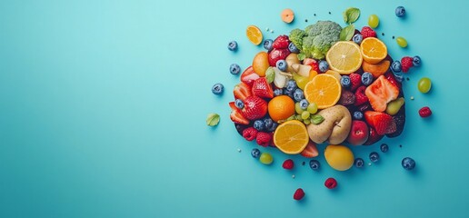 Wall Mural - Colorful fruit and vegetable arrangement on a blue background.