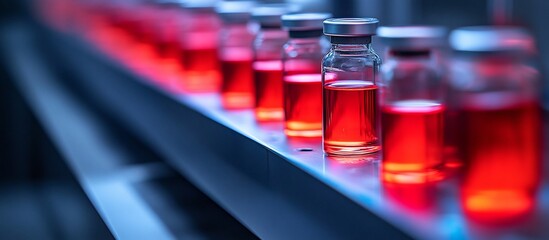 Poster - Red liquid vials on a conveyor belt in a laboratory.