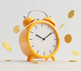 Poster - Yellow alarm clock with gold coins falling around it, representing time and money. (1)