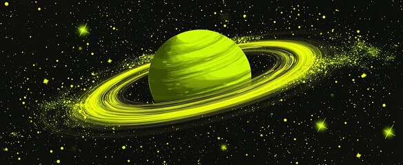 Poster - Glowing lime green planet with bright rings in dark space.