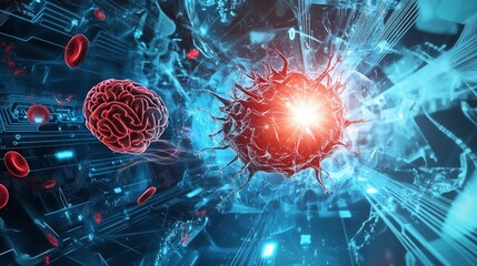 Aufkleber - 3D render of a brain cell attacked by a virus within a technological network.