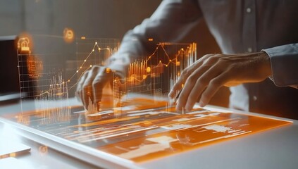 Leinwandbilder - Person interacts with holographic financial data projected onto a transparent digital tablet.