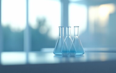 Poster - Three Erlenmeyer flasks with light blue liquid sit on a lab table against a blurred window background.