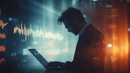 Fototapete - Silhouette of a businessman working on a laptop with financial data displayed on a screen behind him.