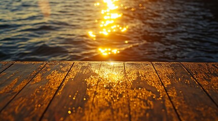 Poster - Golden sunset reflecting on wet wooden dock over calm water. (1)