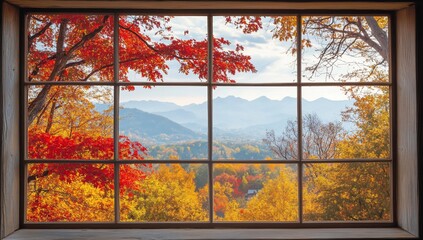 Aufkleber - Autumn mountain view seen through a rustic window pane.