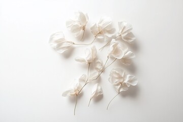 Leinwandbilder - Delicate white flowers scattered on white background, minimalist floral arrangement.
