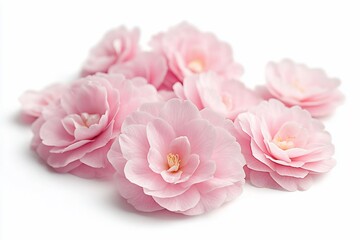 Leinwandbilder - Close-up of seven delicate light pink camellia blossoms arranged on a white background.