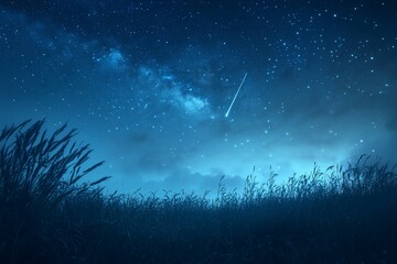 Poster - Night sky with shooting star over grassy field.