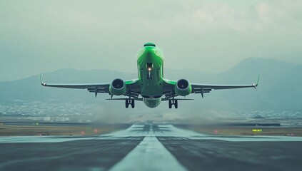 Poster - Green airplane taking off from runway, low angle view.