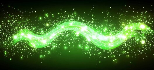 Poster - Abstract green glowing wave with sparkling particles.