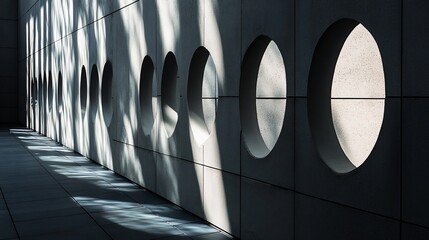 Poster - Sunlight casts shadows on a modern concrete wall with circular cutouts.